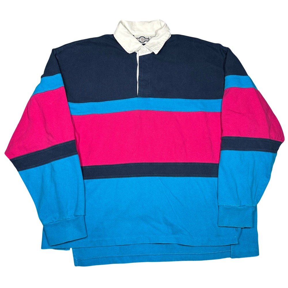 Vintage 90s Rugby Polo Shirt Gulf Traders L Colorblock Pink Blue Long Sleeve